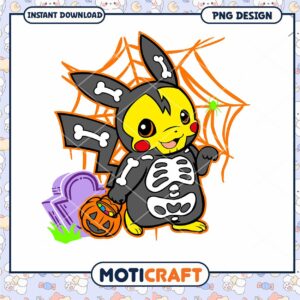 Cute Halloween Pikachu Skeleton PNG Design for Download