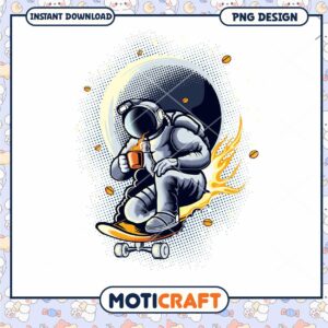 Astronaut Skateboarder Drinking Coffee PNG Design Download