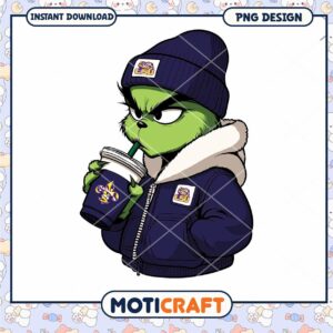 LSU Grinch PNG Design with Hoodie and Drink Download