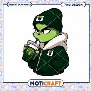 Grinch PNG Design Cool Character with Coffee Drink