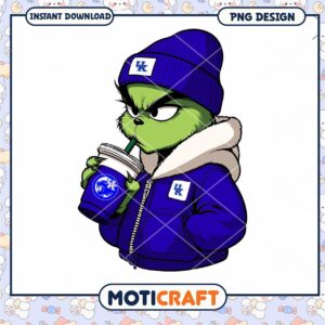 Grinch in Kentucky Gear Drinking Coffee PNG Design