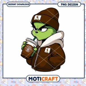 Grinch in Hoodie and Coffee Cup PNG Design Download