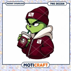 Grinch in FSU Outfit with Coffee PNG Instant Download