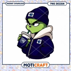 Grinch Drinking Coffee in Blue Hoodie PNG Design Download