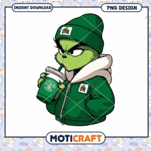 Grinch Drinking Coffee Cartoon PNG Instant Download Design