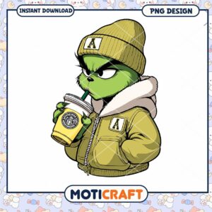 Grinch Character Drinking Coffee PNG Instant Download Design