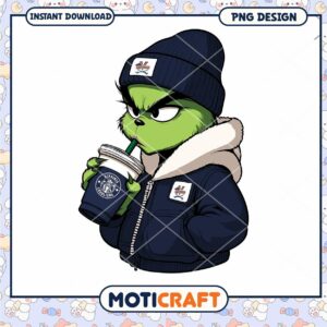 Grinch Character Drinking Coffee PNG Digital Download Design