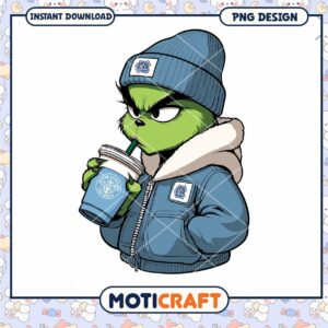 Grinch Character Drinking Coffee Cute PNG Design Download