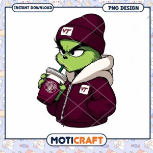 Cool Grinch PNG Design with Coffee and Beanie Hat
