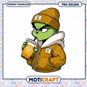 Cool Grinch in Hoodie and Coffee PNG Design Download
