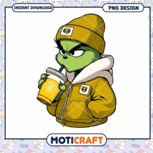 Cool Grinch in Hoodie Drinking Coffee PNG Design Download