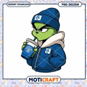 Cool Grinch Character in Jacket Drinking Coffee PNG Design