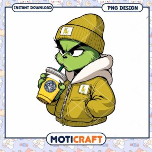 Cool Grinch Character Drinking Coffee PNG Design Download