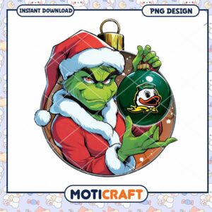 Grinch Holding Oregon Ducks Christmas Ornament PNG Design