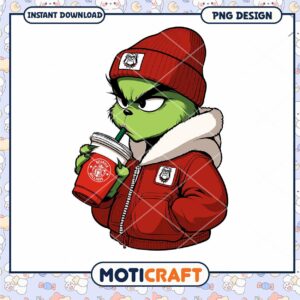Grumpy Green Character Drinking Coffee PNG Design Download