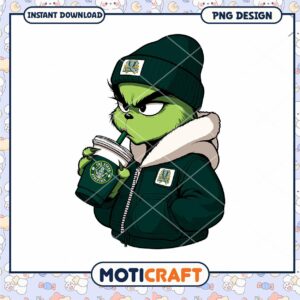 Grinch in Hoodie Drinking Coffee PNG Download Design Grinch in Hoodie Drinking Coffee PNG Download Design