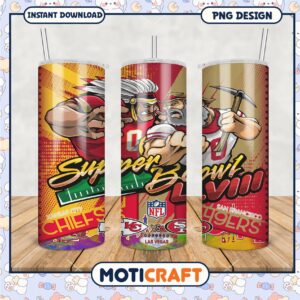 Super Bowl tumbler designs for Kansas City and San Francisco, perfect for game day celebrations
