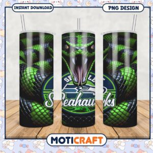 Seattle Seahawks tumbler design features a striking snake graphic, perfect gift for fans.