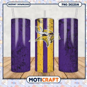 Purple and Yellow Striped Tumbler with Viking Design, Perfect for Fans