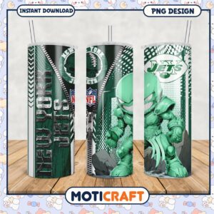 New York Jets tumbler design featuring playful superhero art, perfect for fans