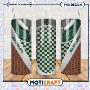 New York Jets tumbler design features green checkered pattern, perfect for fans on the go
