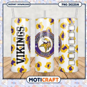 Minnesota Vikings tumbler with leopard print design, perfect for fans