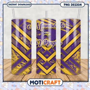 Minnesota Vikings tumbler design in purple and yellow hues, stylish and functional drinkware for fans
