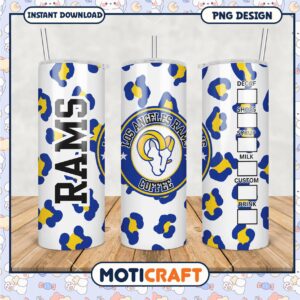 Los Angeles Rams tumbler with leopard print design, perfect for coffee lovers