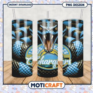 Los Angeles Chargers tumbler with snake design, perfect for fans