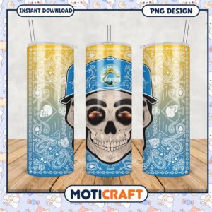 Los Angeles Chargers skull tumbler design, perfect for fans and gifts