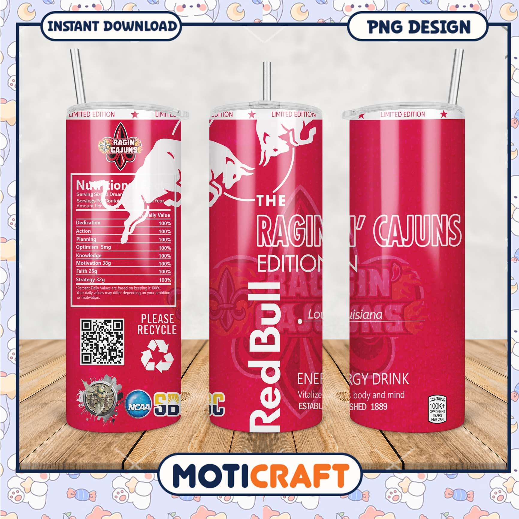 Limited Edition Red Bull Ragin Cajuns Tumbler PNG Design Limited Edition Red Bull Ragin Cajuns Tumbler PNG Design