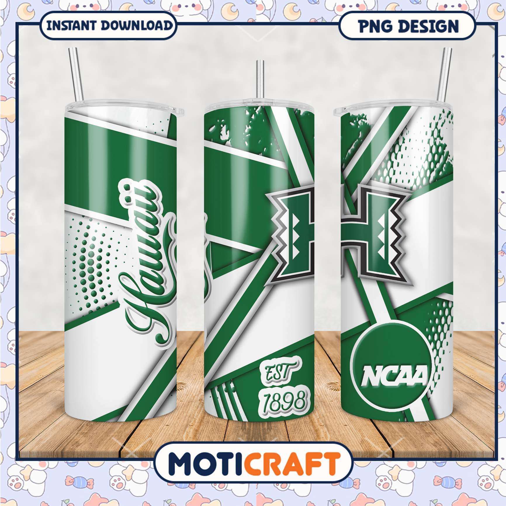 Hawaii NCAA Tumbler PNG Design Green and White Pattern Hawaii NCAA Tumbler PNG Design Green and White Pattern