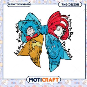 Dr Seuss Inspired Colorful Bow with Whimsical Characters PNG