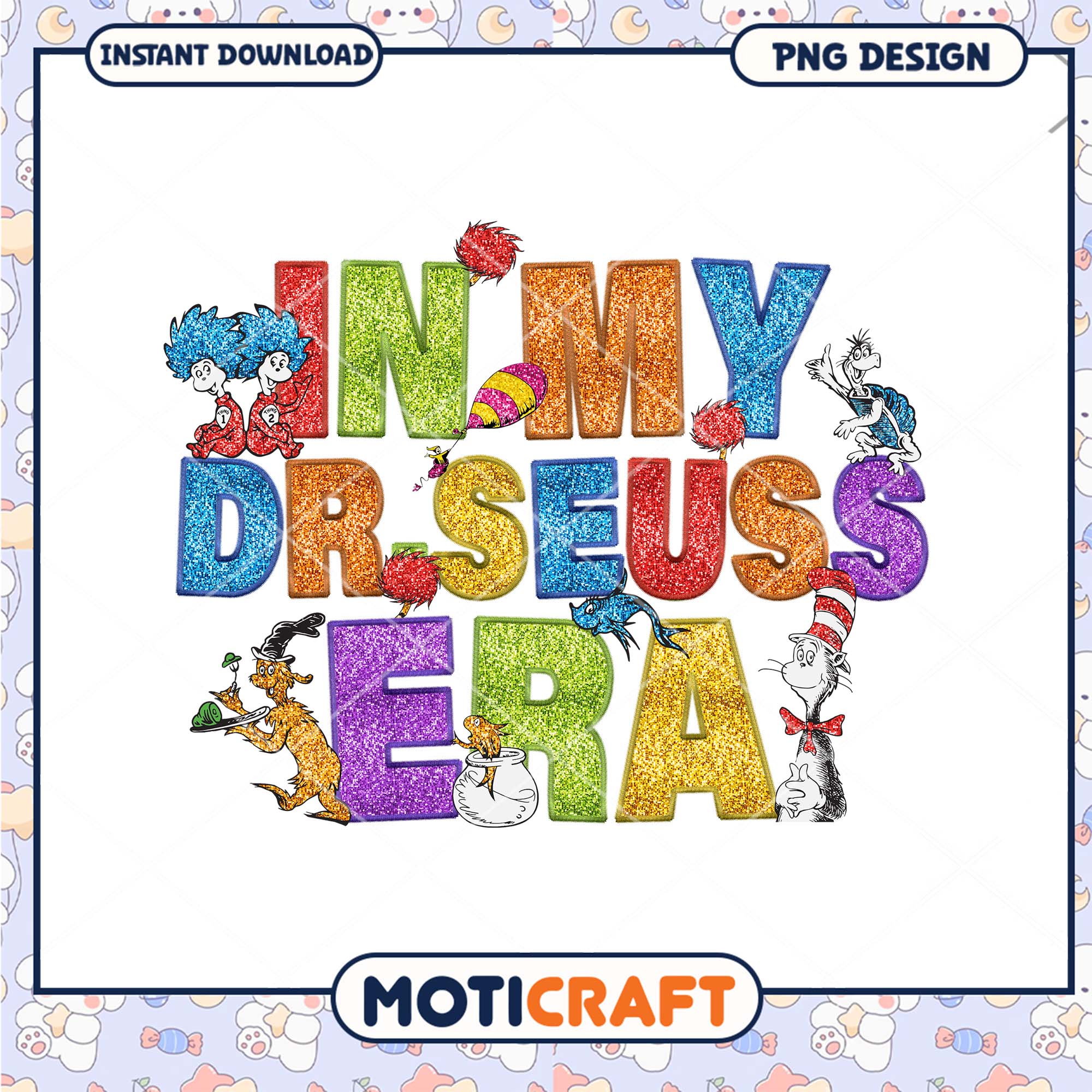 Dr Seuss Era Colorful Glitter Art PNG for Kids Decor