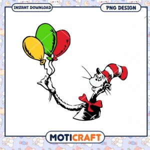 Colorful Balloon Cat in the Hat PNG Fun Kids Party Design