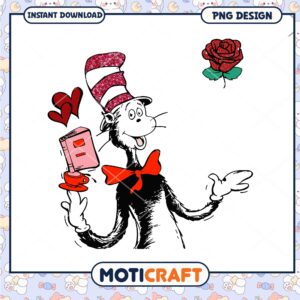 Cat in the Hat Rose and Book Design Cute PNG Graphic Art