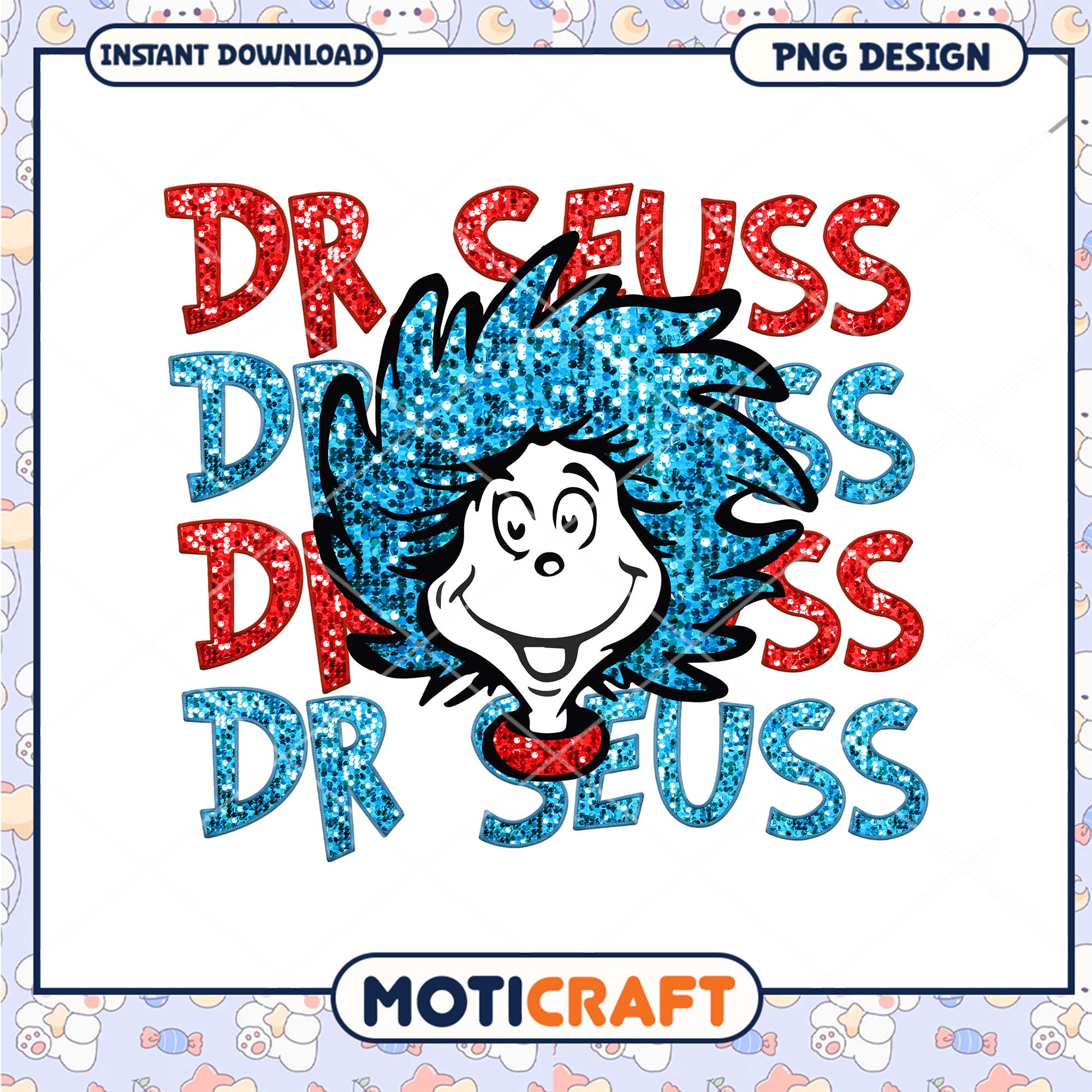 Dr Seuss Colorful Glitter Art Print PNG for Kids Room Decor