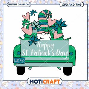 Happy St. Patrick's Day Gnome in Truck SVG and PNG Instant Download Design