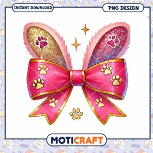 Pink Glitter Bow PNG Design with Paw Prints