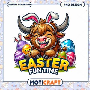 Easter Highland Cow PNG Fun Time